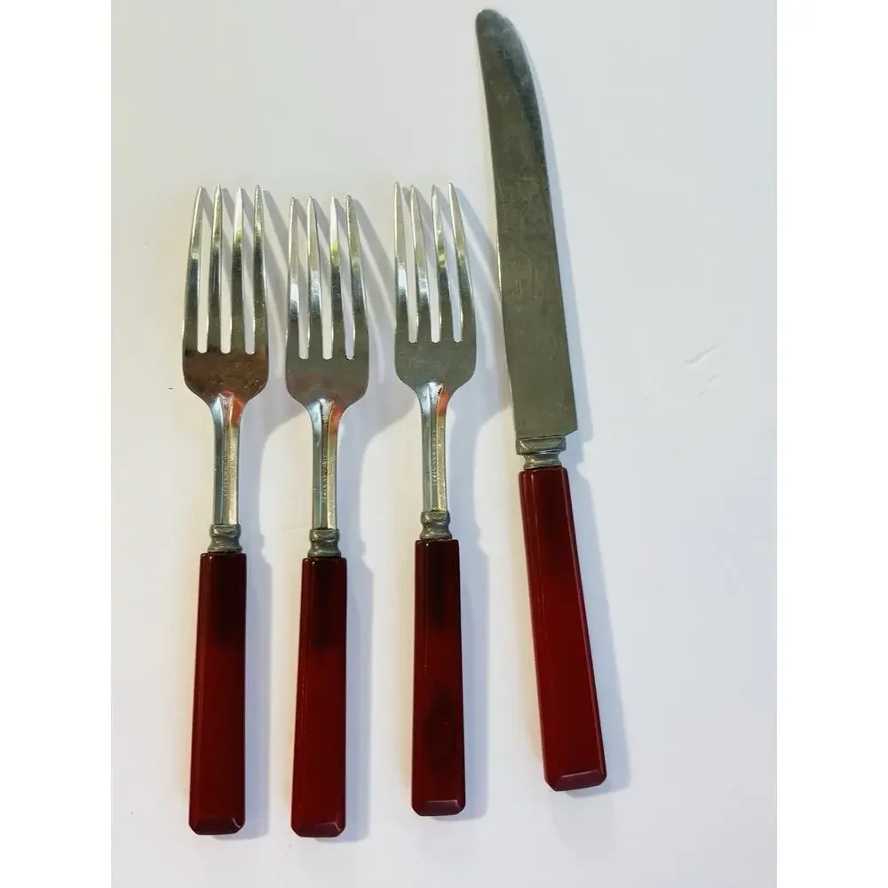 Vintage General Stainless Red Bakelite Flatware 4-Pc Lot 3 Forks 1 Knife MCM